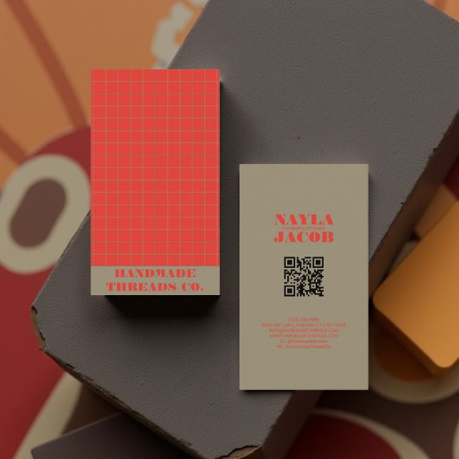 Modern Bold Red Checkered Pattern QR Code  Business Card (Creator Uploaded)