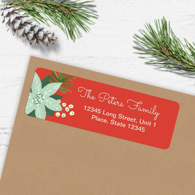 Modern Bold Red Floral Merry Christmas address  Label (Modern Bold Red Floral Merry Christmas address Label)