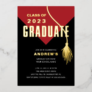 Modern Bold Red Grad Cap Graduation Foil Invitation