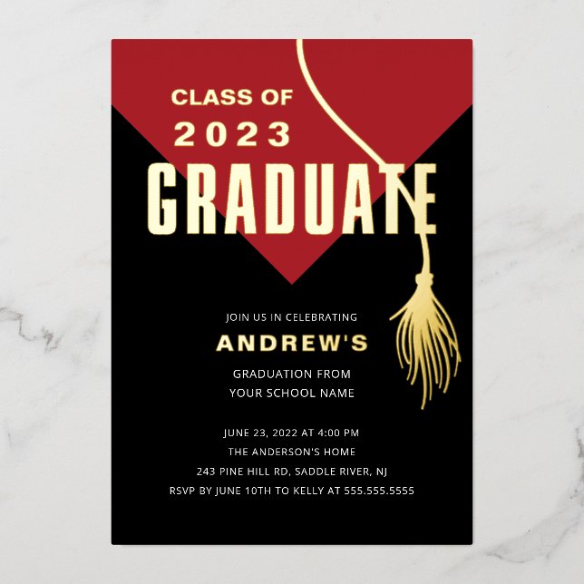 Modern Bold Red Grad Cap Graduation Foil Invitation (Front)