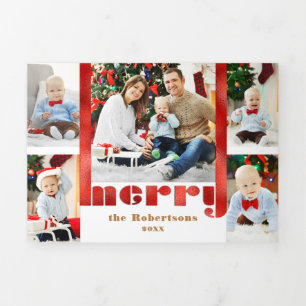 Modern Bold Red Merry Typography 5-Photo  Tri-Fold Holiday Card