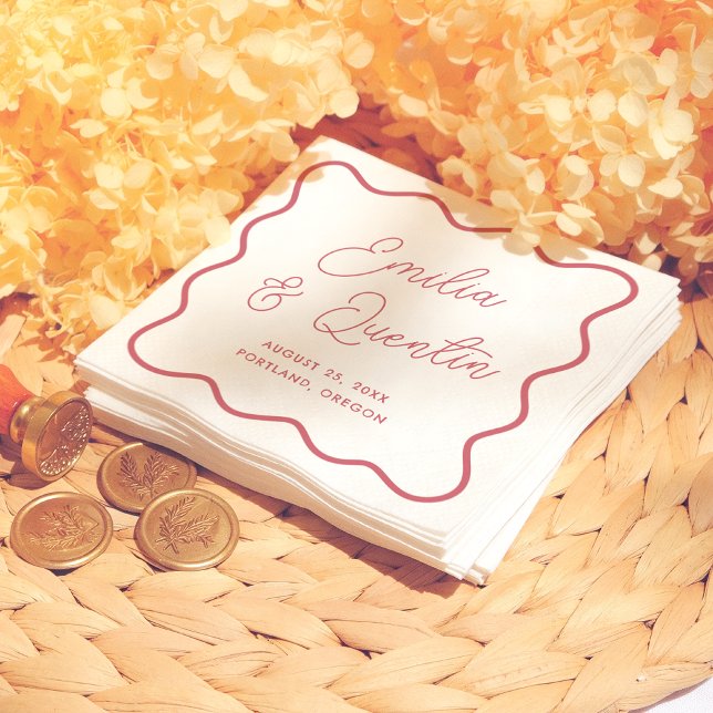 Modern Bold Red Wavy Frame Retro Wedding Napkins (Creator Uploaded)