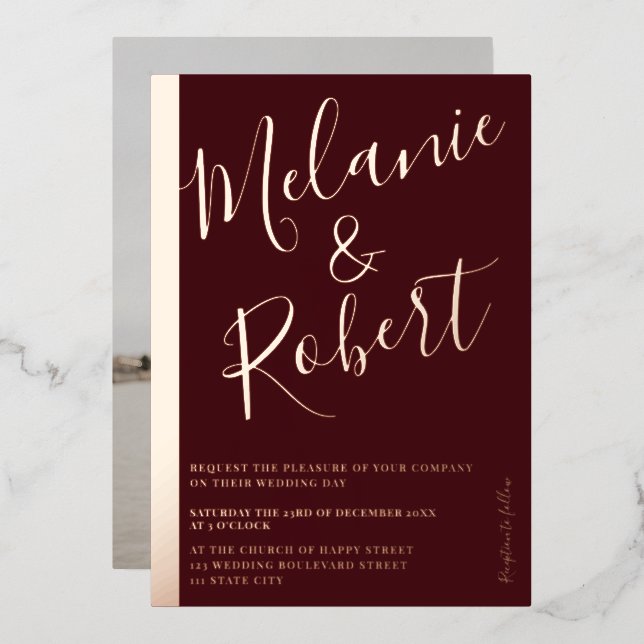 Modern bold red wedding photo rose gold stripe foil invitation (Front/Back)