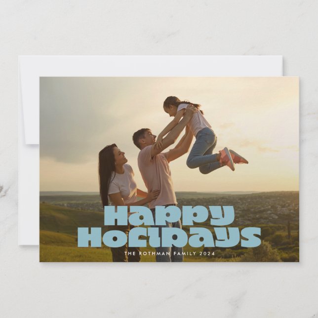 MODERN Bold Retro Blue Typography Photo HAPPY Holiday Card (Front)