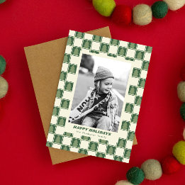 Modern Bold Retro Green Christmas Checker Photo Holiday Card