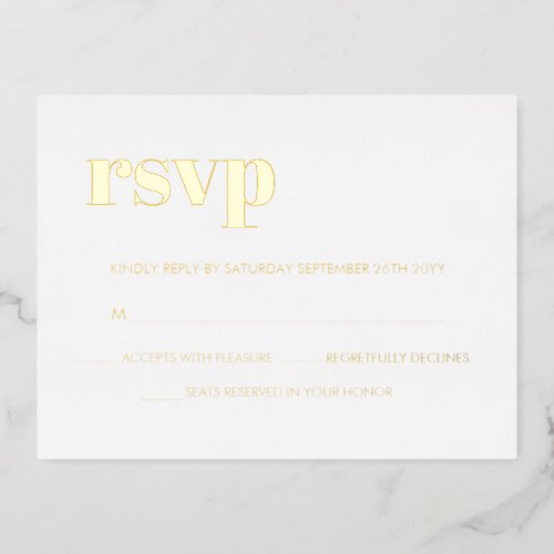 Modern Bold Retro Lettering White REAL Gold RSVP Foil Invitation Postcard