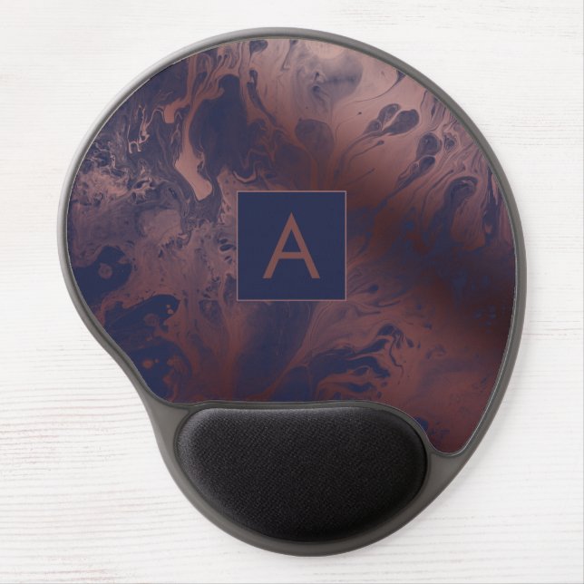Modern Bold Rose Gold & Navy Blue Marble Monogram Gel Mouse Pad (Front)