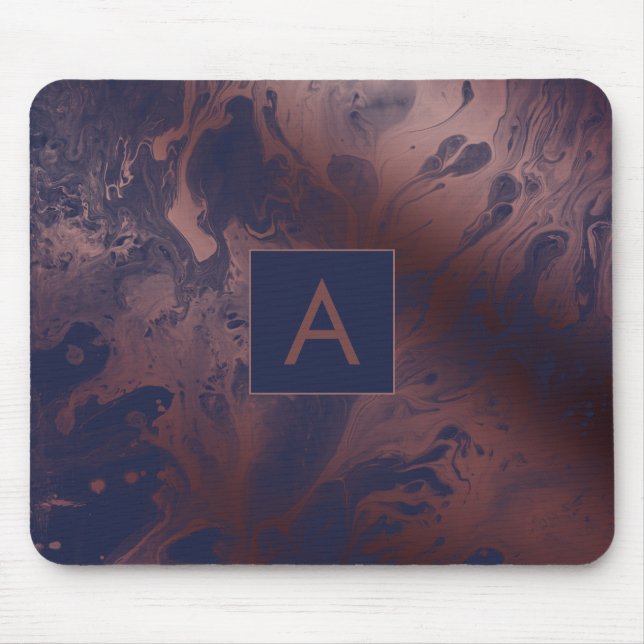 Modern Bold Rose Gold & Navy Marble Monogram Mouse Pad (Front)