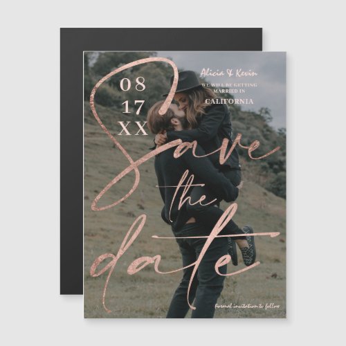 Modern bold rose gold script save the date photo