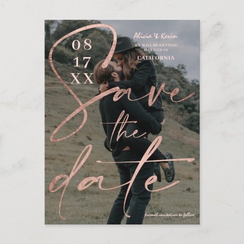 Modern bold rose gold script save the date photo postcard