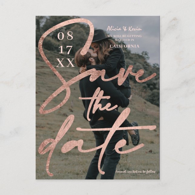 Modern bold rose gold script save the date photo postcard (Front)
