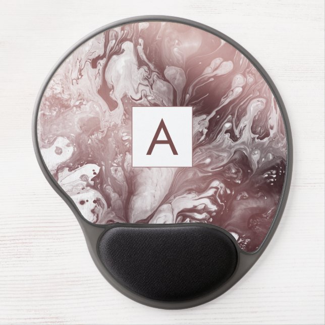 Modern Bold Rose Gold & White Marble Monogram Gel Mouse Pad (Front)