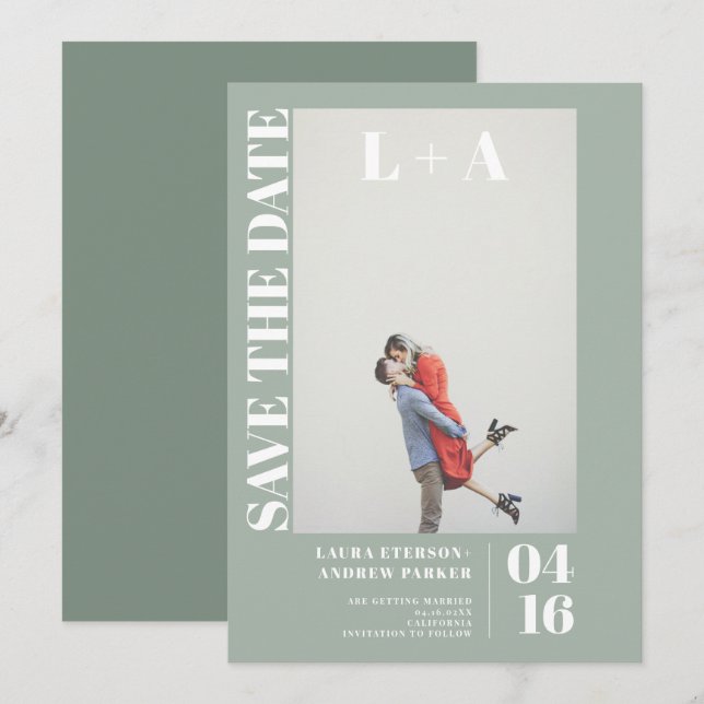 Modern bold sage green initial photo save the date (Front/Back)