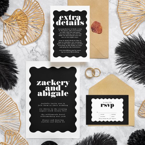 Modern Bold Scalloped Border Black White Wedding Invitation