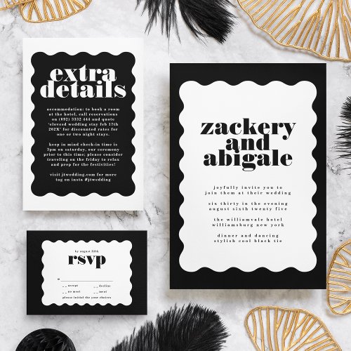 Modern Bold Scalloped Border White Black Wedding Invitation