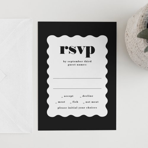 Modern Bold Scalloped Frame Black White Wedding RSVP Card