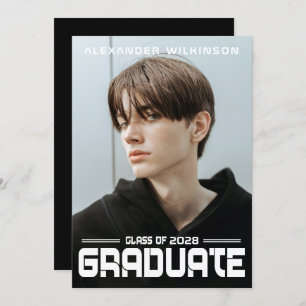 Modern Bold Script Black White Guy Photo Grad Invitation
