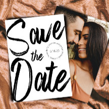 Modern Bold Script Black White Photo Save the Date