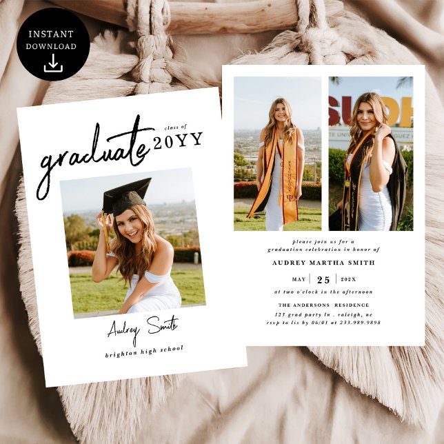 Modern Bold Script Graduate 3 Photo Graduation Invitation (Creator Uploaded)