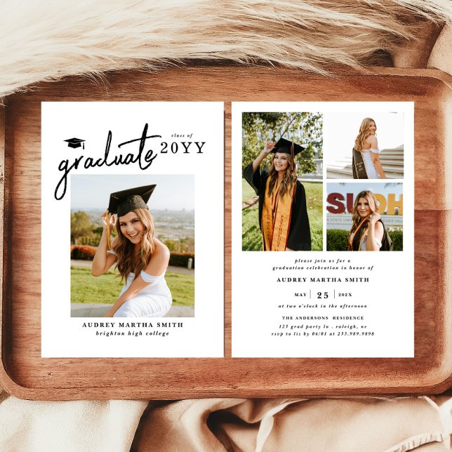 Modern Bold Script Graduate 4 Photo Graduation Invitation (Creator Uploaded)