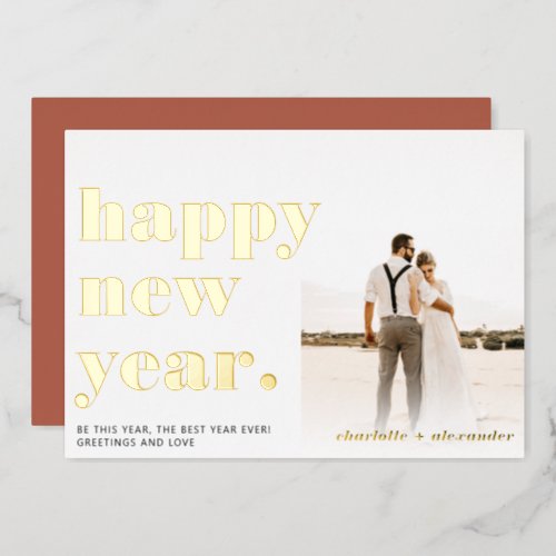 Modern bold script mint happy new year photo foil holiday card