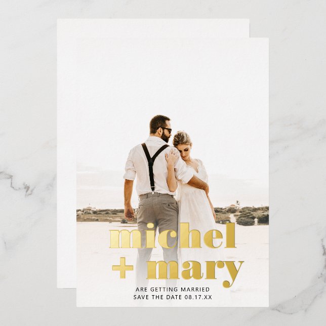 Modern bold script save the date wedding photo foil invitation (Front/Back)