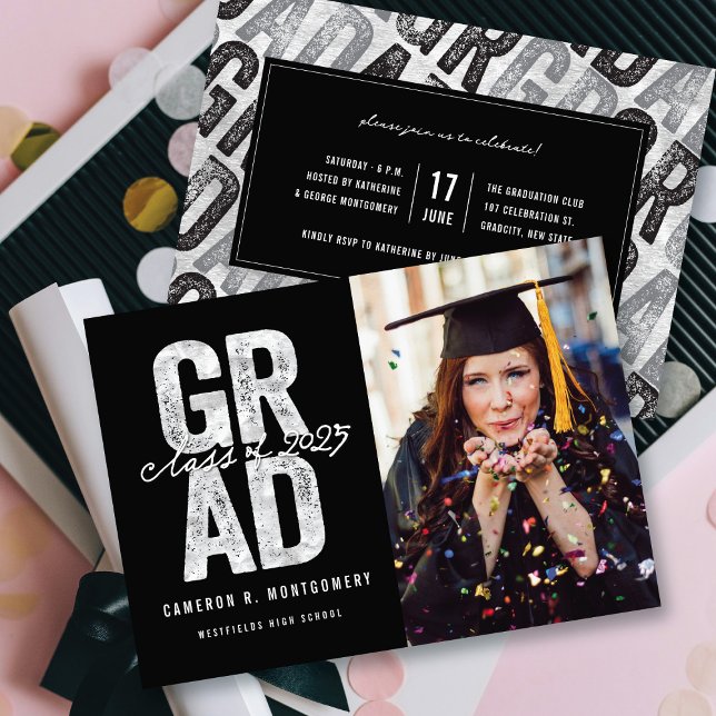 Modern Bold Silver GRAD Stylish Photo Graduation Announcement (Modern Bold Silver Faux Foil GRAD Stylish Photo Graduation Announcement @ zazzle.com/color_therapy)