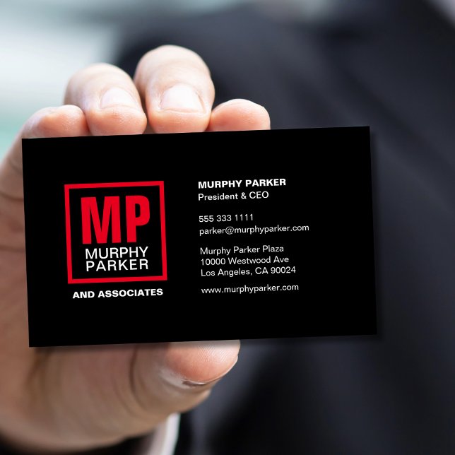 Modern Bold Square Monogram Logo Black Red  Business Card (Creator Uploaded)