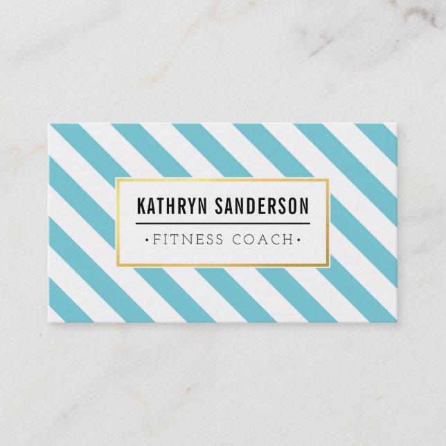 MODERN BOLD stripe gold logo emblem aqua blue Business Card (Front)