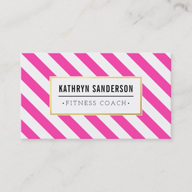 MODERN BOLD stripe gold logo emblem bright pink Business Card (Front)