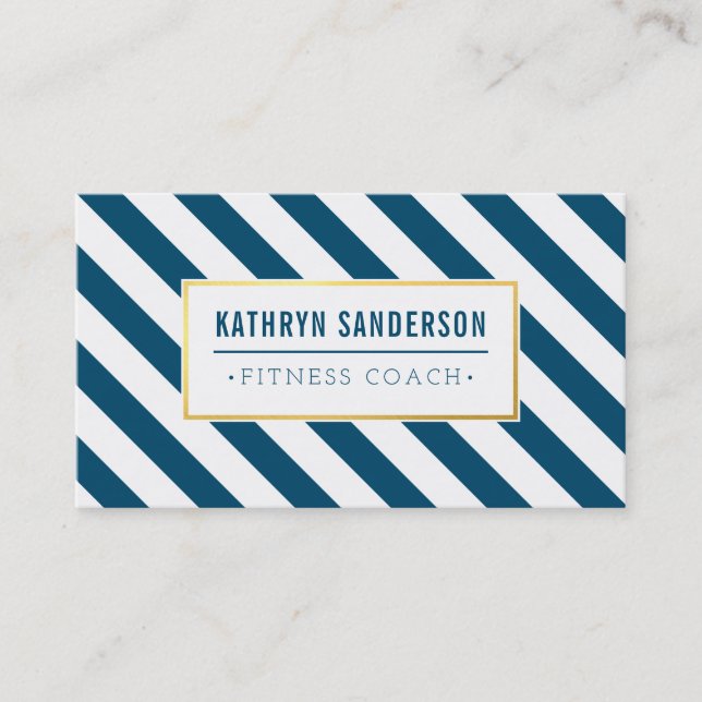MODERN BOLD stripe gold logo emblem dark blue Business Card (Front)