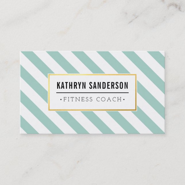 MODERN BOLD stripe gold logo emblem mint green Business Card (Front)