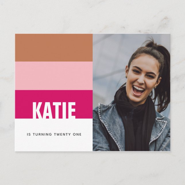 Modern Bold Stripes Pink Tan Photo 21st Birthday Postcard (Front)