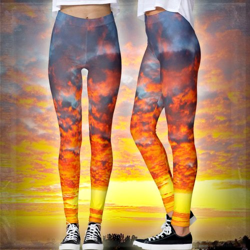 Modern bold sunset orange yellow clouds photo chic leggings