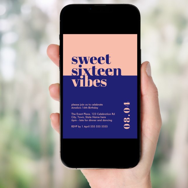 Modern Bold Sweet Sixteen Vibes Pink Birthday  Invitation (Front Digital)