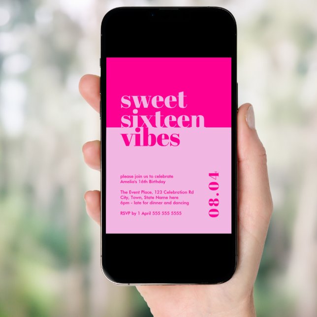 Modern Bold Sweet Sixteen Vibes Pink Birthday  Invitation (Front Digital)