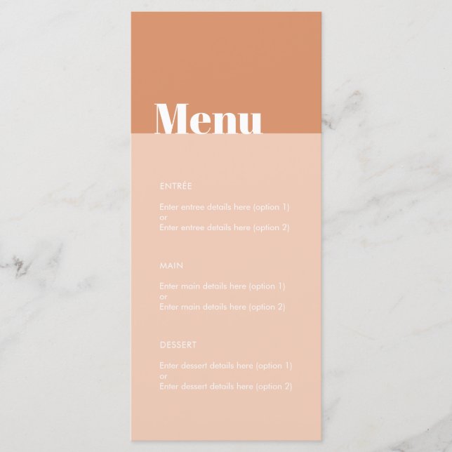 Modern Bold Tan & Blush Desert Boho Wedding Menu (Front)