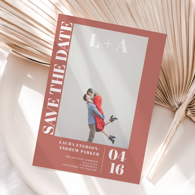 Modern bold terracotta initial photo save the date (Creator Uploaded)