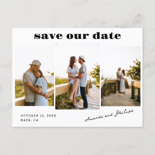 Modern Bold Text 3 Photos Wedding Save the Date  Announcement Postcard