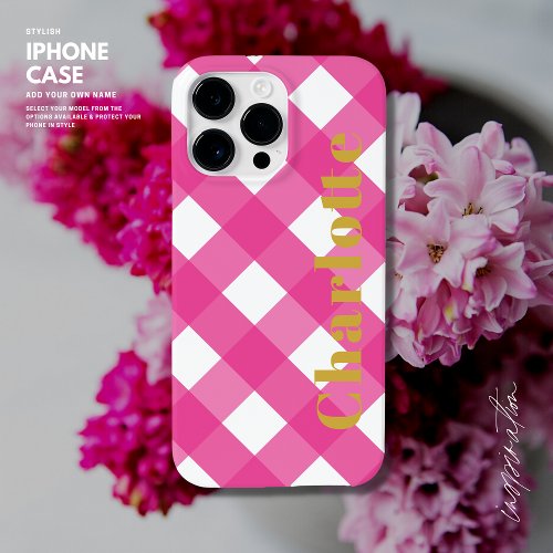 Modern Bold Trendy Hot Pink Gingham Gold Monogram Case_Mate iPhone 14 Pro Max Case