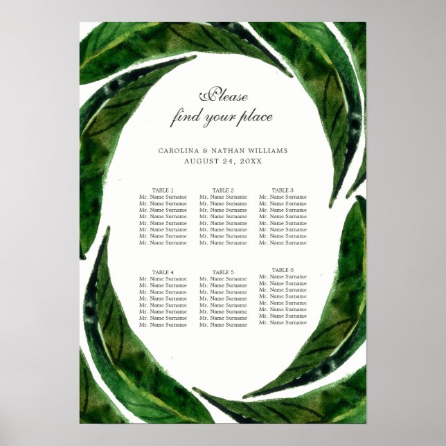 Modern Bold Tropical Leaves Seating Chart Poster (Front)