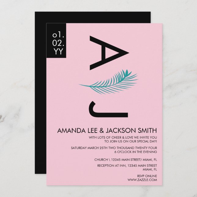 Modern Bold Tropical Palm Leaf Teal Pink Wedding I Invitation (Front/Back)
