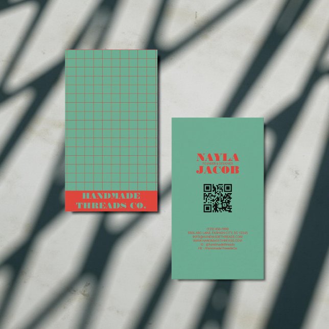 Modern Bold Turquoise Checkered Pattern QR Code  Business Card (Creator Uploaded)
