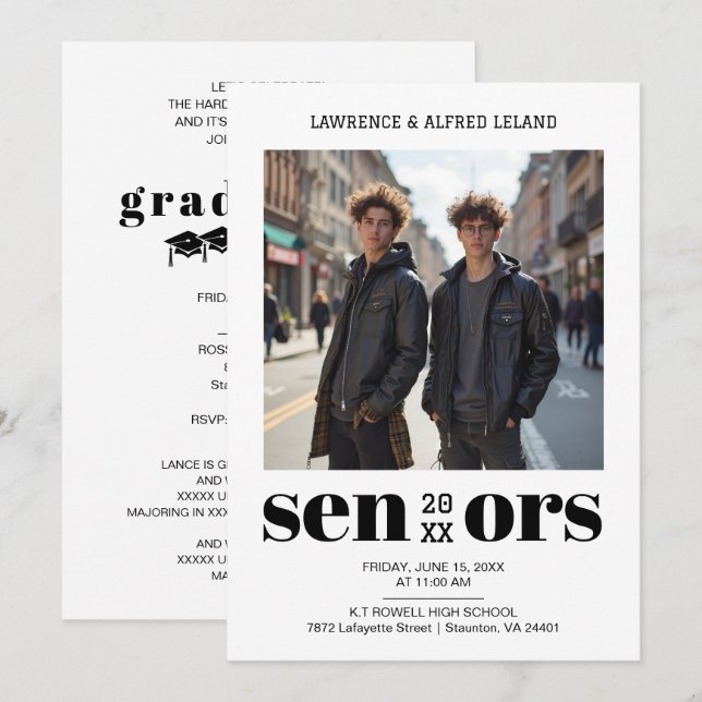 Modern Bold Twins Sibling Senior Graduation TMF26 Invitation (Front/Back)