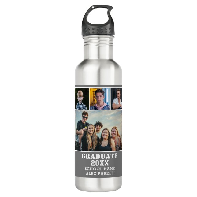 Modern Bold Typography 4 Photo Collage Graduation Stainless Steel Water Bottle (Front)