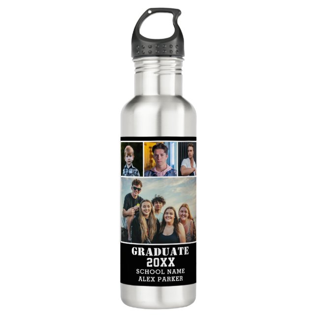 Modern Bold Typography 4 Photo Collage Graduation Stainless Steel Water Bottle (Front)