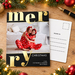 Modern Bold Typography Black Photo Merry Foil Holiday Postcard