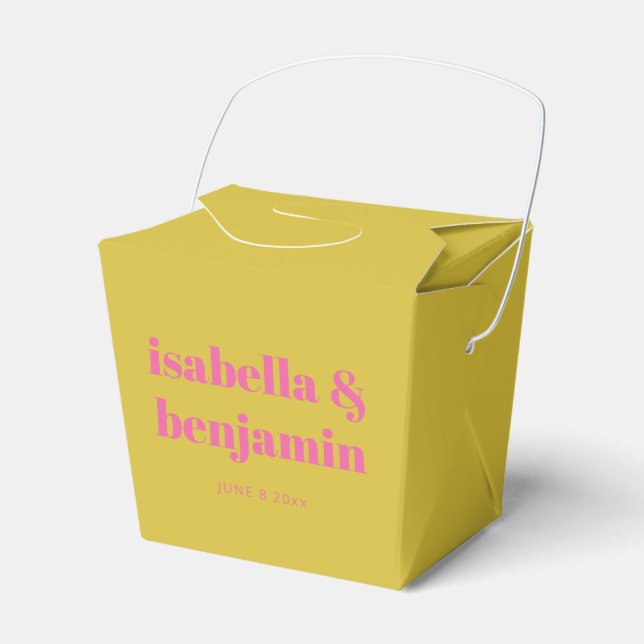 Modern Bold Typography Bright Pink Yellow Wedding Favor Boxes (Front Side)