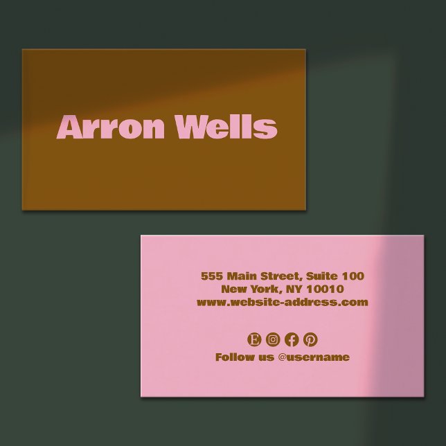 Modern Bold Typography Brown Professional Business Card (light pink bold retro typography on brown background - social media icons on backside)