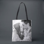 Modern Bold Typography Custom Photo Wedding Tote Bag<br><div class="desc">Add a custom photo. Photo template has a filter. Date is bold serif typography. Bride-to-be and Groom-to-be names are in sans serif typography.</div>
